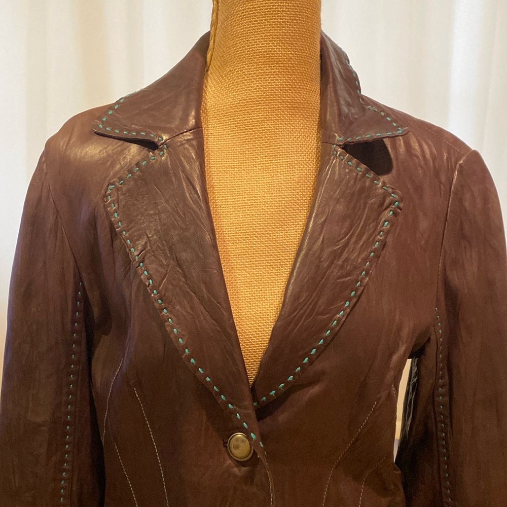 TAHARI Fabulous Genuine Leather ladies blazer, dark wine color turquoise thread